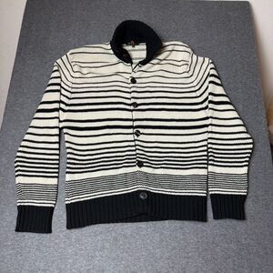 ETRO Sweater Striped Button up Cardigan White/Black XL 100% Cashmere Italy